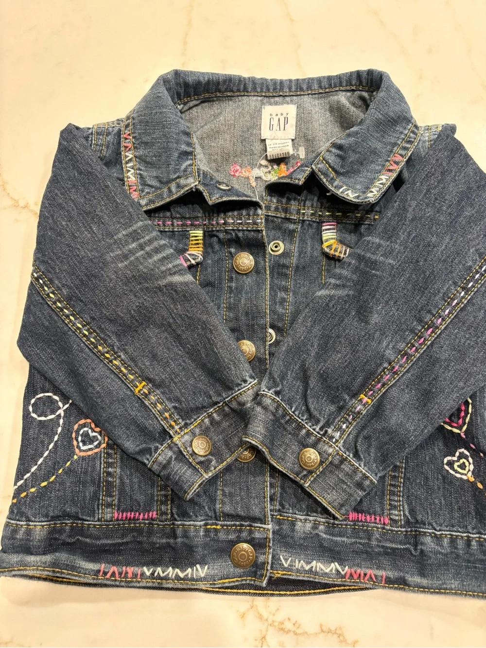 GAP Dark Blue Denim Jacket with Multicolor Embroidery, 18-24 months. EUC